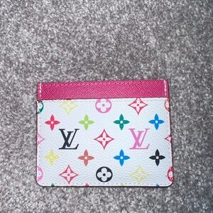 White Multicolor Monogram Card Holder with Pink Trim